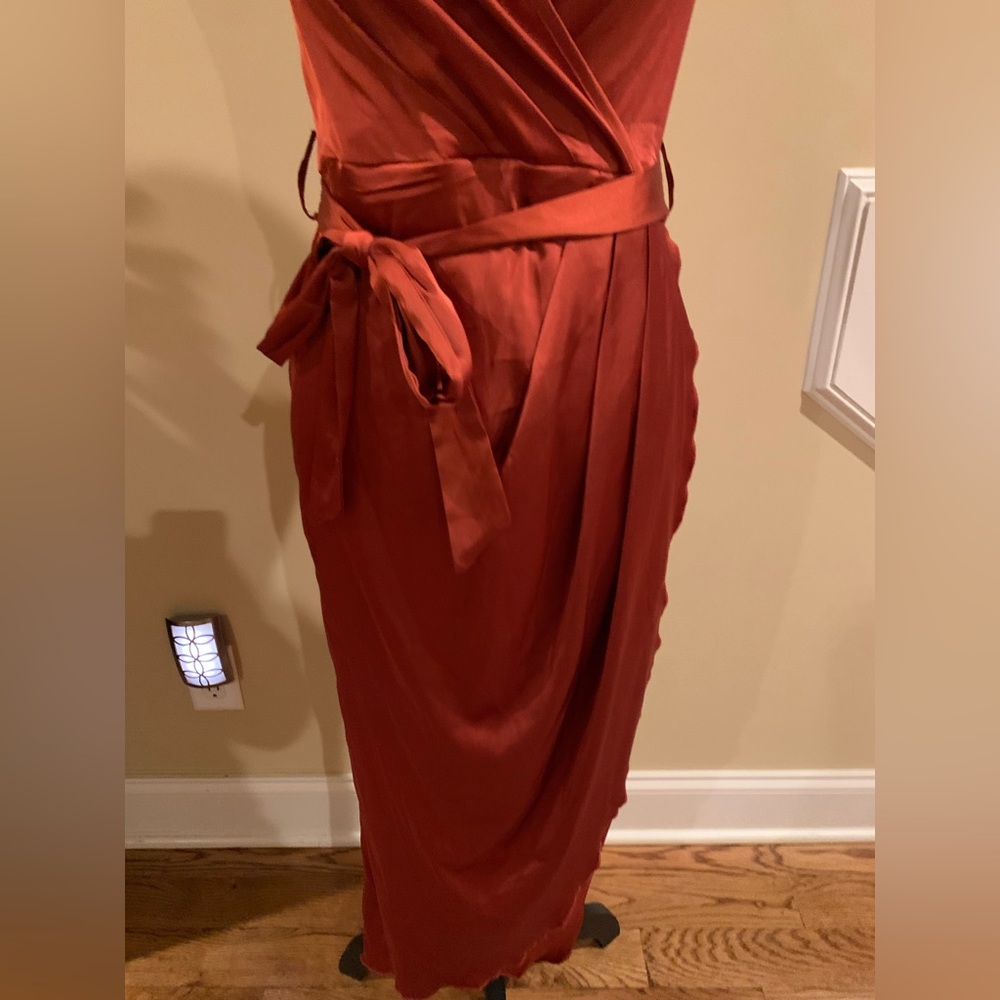 LYANER Satin V Neck Ruched Wrap Tie Waist Slit Hem Cocktail Midi Dress small - Picture 4 of 10